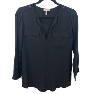 Joie Black Silk Blouse sz XS Popever V-Neck Top 3/4 Sleeve Epaulets Pockets